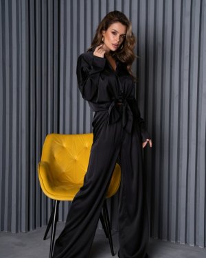 Чорний шовковий костюм у піжамному стилі - 8609605 - SvitStyle