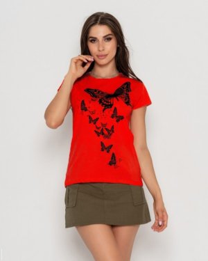 Червона футболка з принтом і мереживний метеликом - 8615223 - SvitStyle