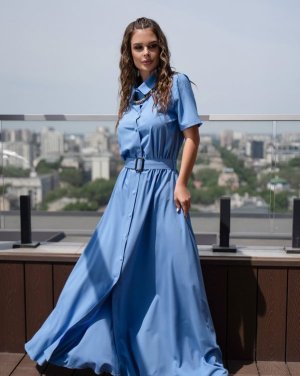 Блакитна довга сукня-сорочка на ґудзиках - SvitStyle