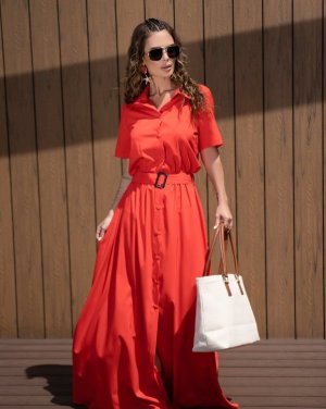 Червона довга сукня-сорочка на ґудзиках - 8615343 - SvitStyle
