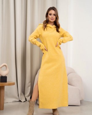 Довга жовта сукня з капюшоном з розрізами - 8615517 - SvitStyle