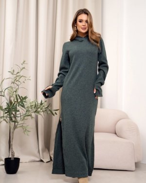 Довга зелена сукня з капюшоном з розрізами - 8615518 - SvitStyle
