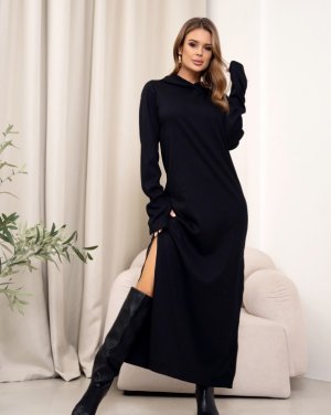Довга чорна сукня з капюшоном - 8615523 - SvitStyle