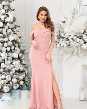 Рожева вечірня сукня-році з відкритими плечима - SvitStyle