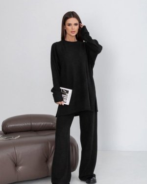 Чорний ангоровий костюм з кофтою та широкими штанами - 8615682 - SvitStyle