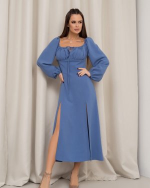 Блакитна приталена сукня з розрізами - 8615724 - SvitStyle