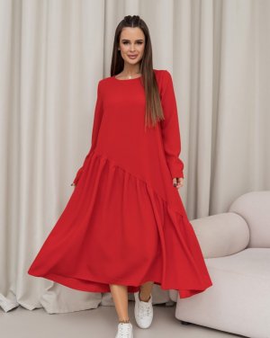 Червона сукня з асиметричним воланом - 8615733 - SvitStyle