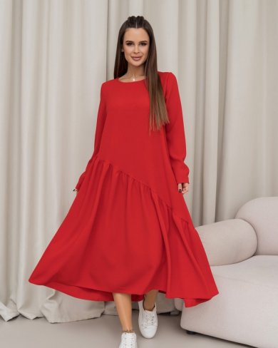 Червона сукня з асиметричним воланом - SvitStyle