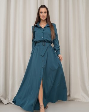 Бірюзова сукня-сорочка з довгими рукавами - SvitStyle