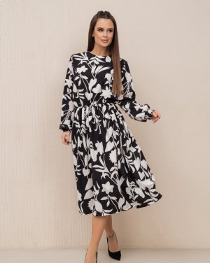 Чорне принтоване плаття з довгими рукавами - 8615758 - SvitStyle
