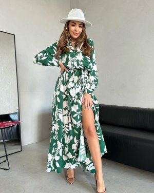 Довга зелено-біла сукня з розрізом - 8615759 - SvitStyle