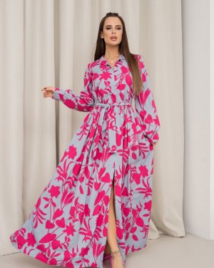 Довга сіро-рожева сукня з розрізом - 8615760 - SvitStyle