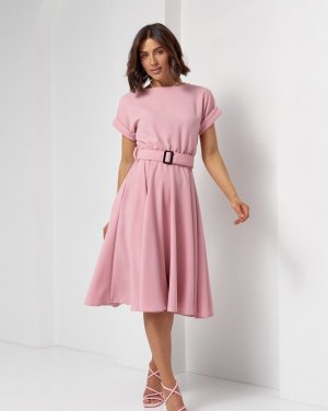Рожеве однотонне плаття міді довжини - 8615865 - SvitStyle