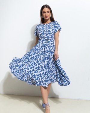 Синьо-біла приталена сукня з принтом - SvitStyle