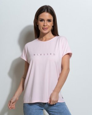 Рожева вільна футболка з написом - 8615919 - SvitStyle