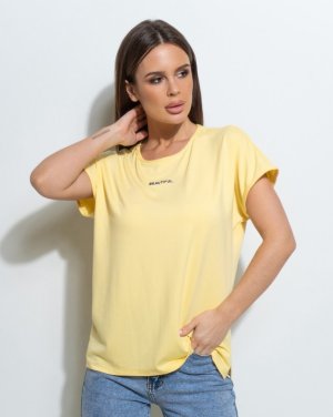 Жовта вільна футболка-кімоно з написом - 8615927 - SvitStyle