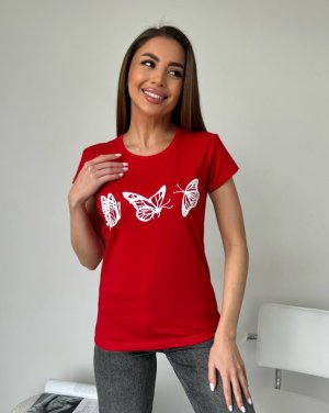 Червона бавовняна футболка з метеликами - 8615947 - SvitStyle