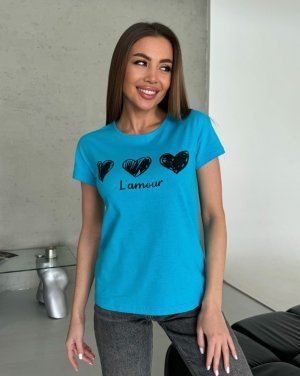 Блакитна трикотажна футболка з серцем і написом - SvitStyle