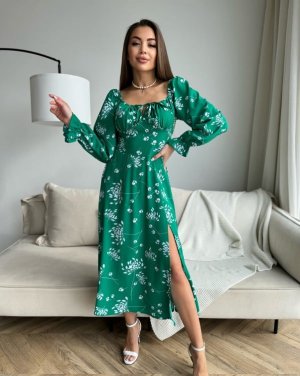 Зелена квіткова сукня з розрізом - SvitStyle