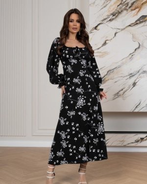Чорна квіткова сукня з розрізом - 8616003 - SvitStyle