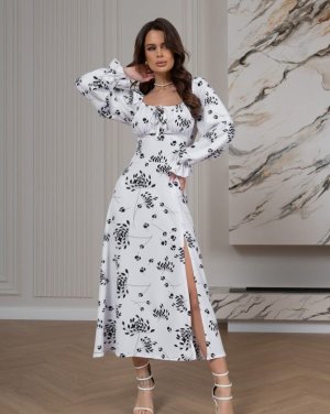 Біла квіткова сукня з розрізом - 8616004 - SvitStyle