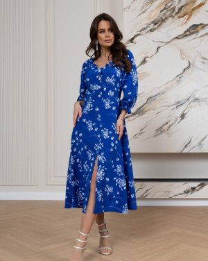 Квіткова синя сукня з розрізом - 8616009 - SvitStyle