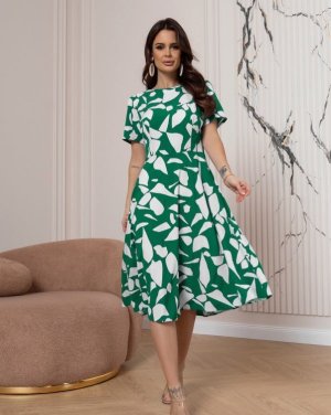 Зелено-біла приталена сукня з короткими рукавами - 8616011 - SvitStyle