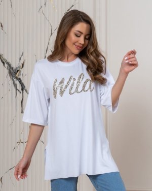 Біла оверсайз футболка з принтом та розрізами - SvitStyle