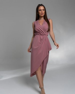 Темно-рожева сукня без рукавів крою на запах - 8616070 - SvitStyle