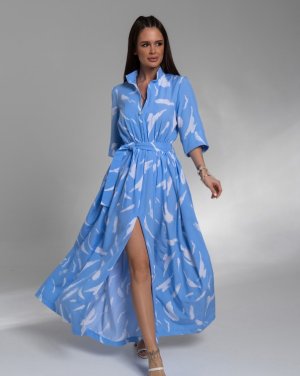 Довге блакитне плаття з принтом і розрізом - 8616072 - SvitStyle