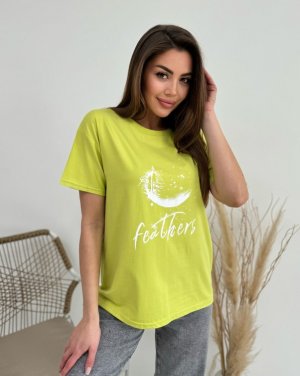 Салатова вільна футболка з принтом - 8616115 - SvitStyle