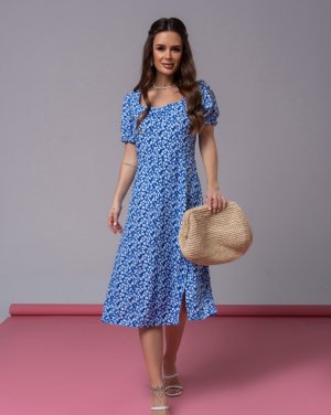 Синє ретро сукня з квітковим принтом та розрізом - 8616241 - SvitStyle