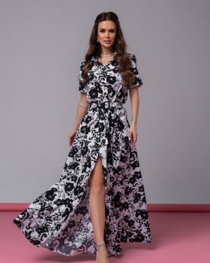 Чорно-біла довга сукня-сорочка в квіточку - 8616247 - SvitStyle