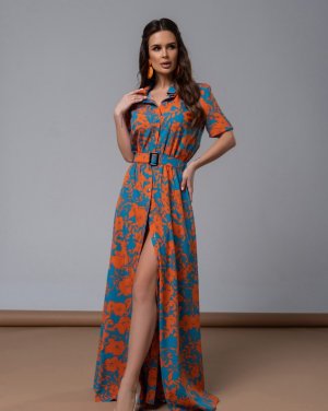Бірюзово-оранжева сукня-сорочка з квітковим принтом - 8616249 - SvitStyle