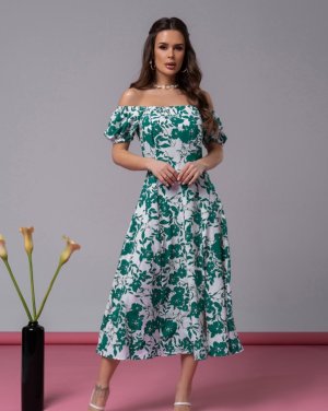 Квіткова зелена сукня з відкритими плечима - 8616251 - SvitStyle
