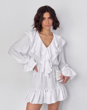 Біла сатинова сукня з воланами - 8616259 - SvitStyle