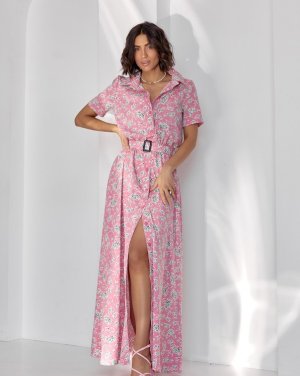 Довга рожева сукня-сорочка з квітковим принтом - SvitStyle