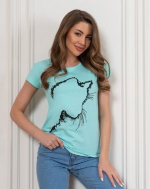 М'ята бавовняна футболка з котячим силуетом - 8616685 - SvitStyle