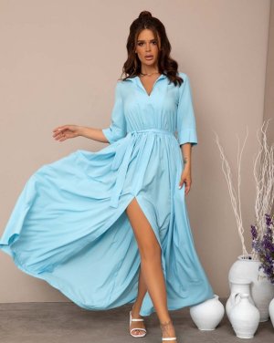 Довге блакитне плаття з розрізом - SvitStyle