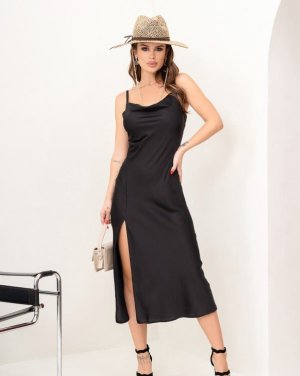 Чорна шовкова сукня-комбінація на бретельках - SvitStyle