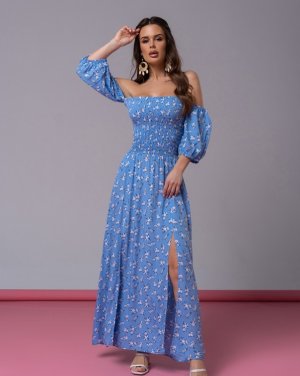Бавовняна блакитна сукня з двома розрізами - 8616998 - SvitStyle