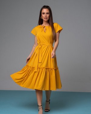 Вільна гірчична сукня з воланом - 8617002 - SvitStyle