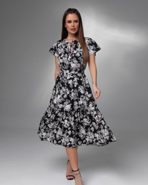 Чорна квіткова сукня із зав'язкою у горловини - 8617007 - SvitStyle