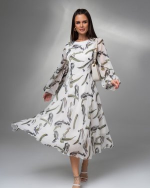 Біло-оливкова принтована сукня із шифону - SvitStyle