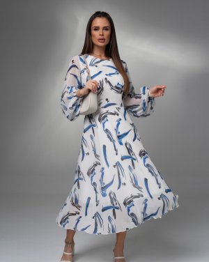 Біло-синя принтована сукня із шифону - SvitStyle