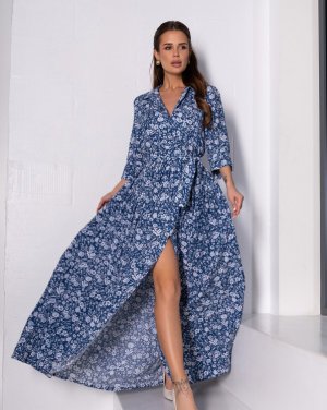 Довга сукня з синьої бавовни з розрізом - 8617035 - SvitStyle