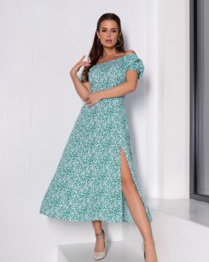 Бавовняна зелена сукня з розрізом на нозі - 8617039 - SvitStyle