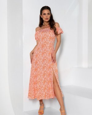 Бавовняна помаранчева сукня з розрізом на нозі - SvitStyle