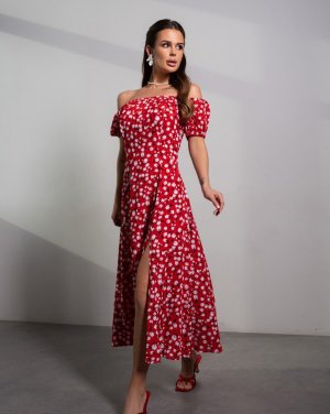 Червона ретро сукня з квіткової бавовни - SvitStyle