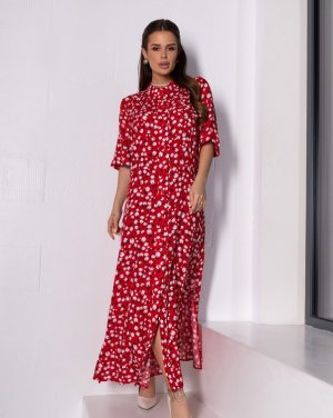 Червона бавовняна сукня-сорочка з бічними розрізами - SvitStyle